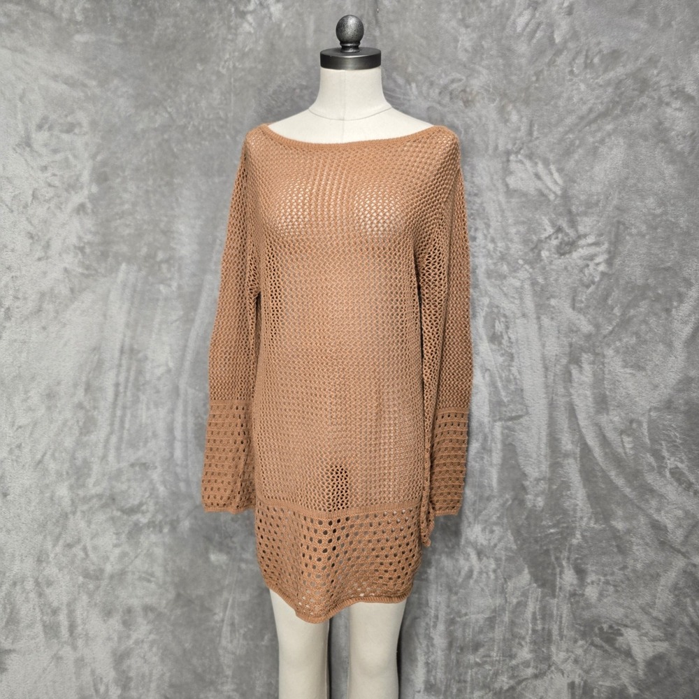 Coastal Knit Tunic Coverup Dress Women M Brown Open Knit Bell Sleeve Boat Neck